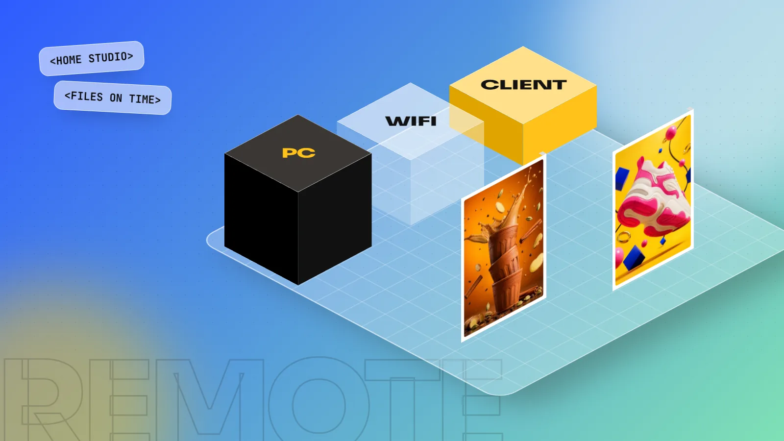 Isometric 3D scene with blocks labelled PC, WIFI and CLIENT next to two finished design posters on a blue and green floor