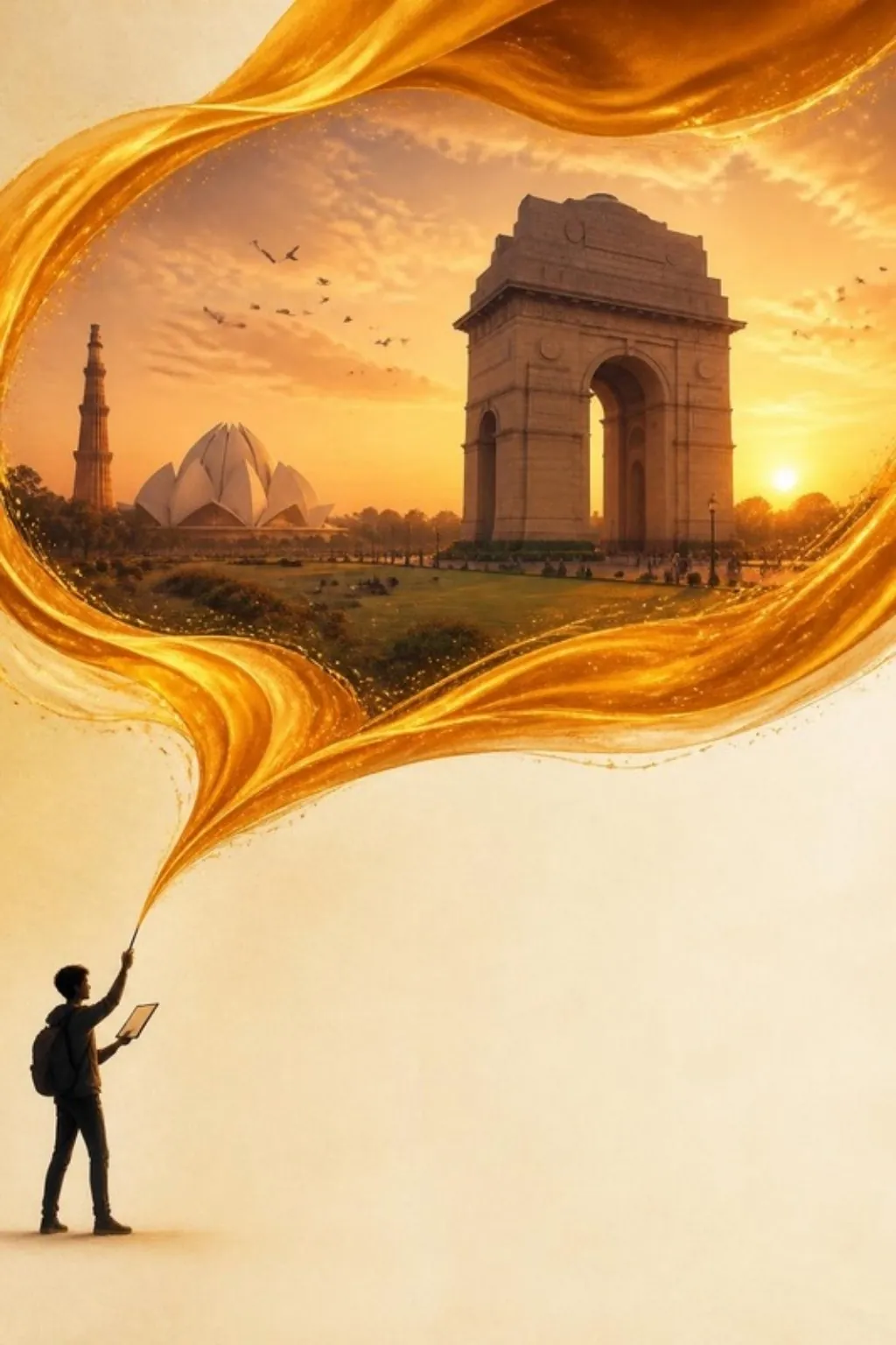 Delhi tourism poster: India Gate inside a saffron ribbon
