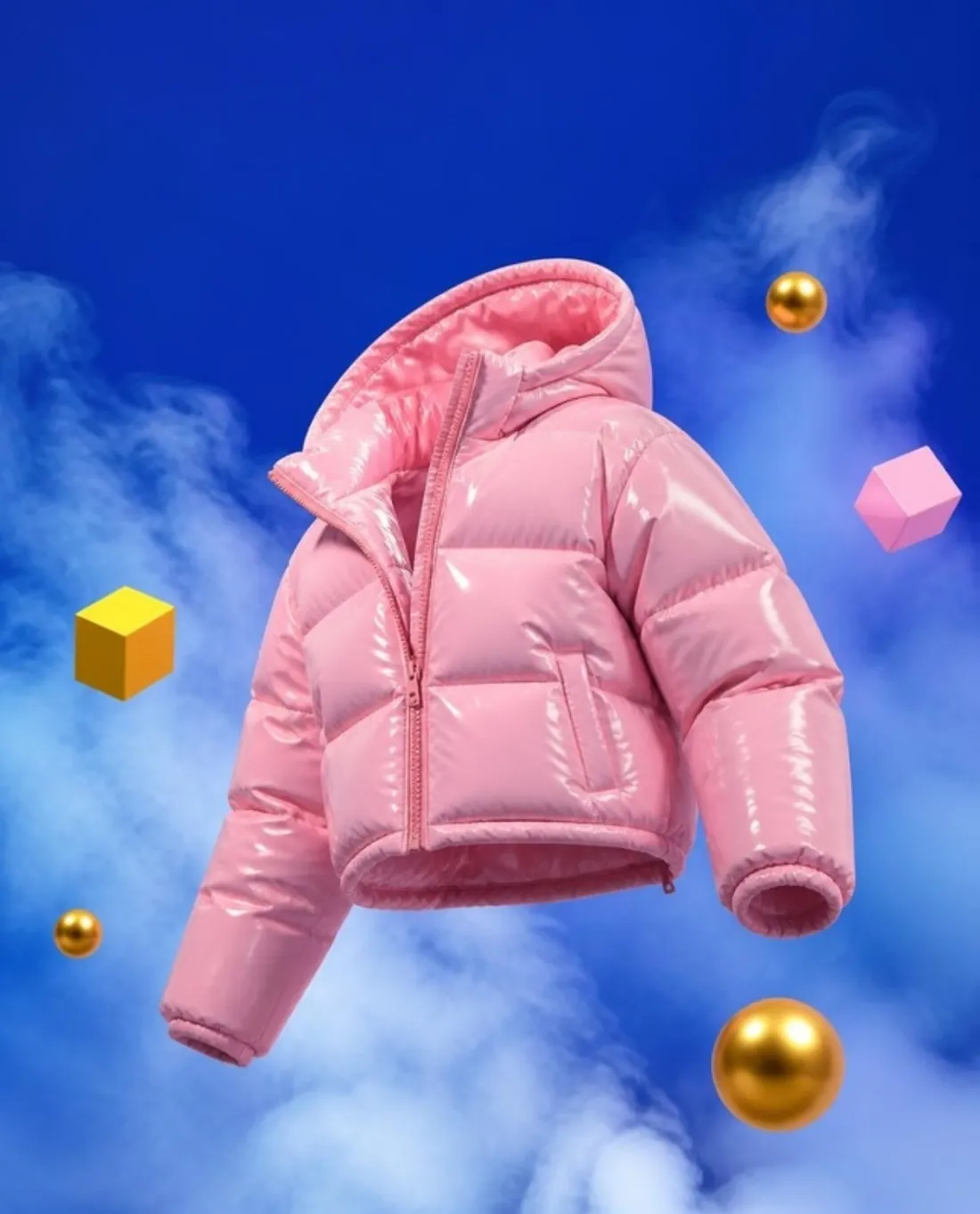 KOHRA winterwear ad: pink puffer jacket on blue