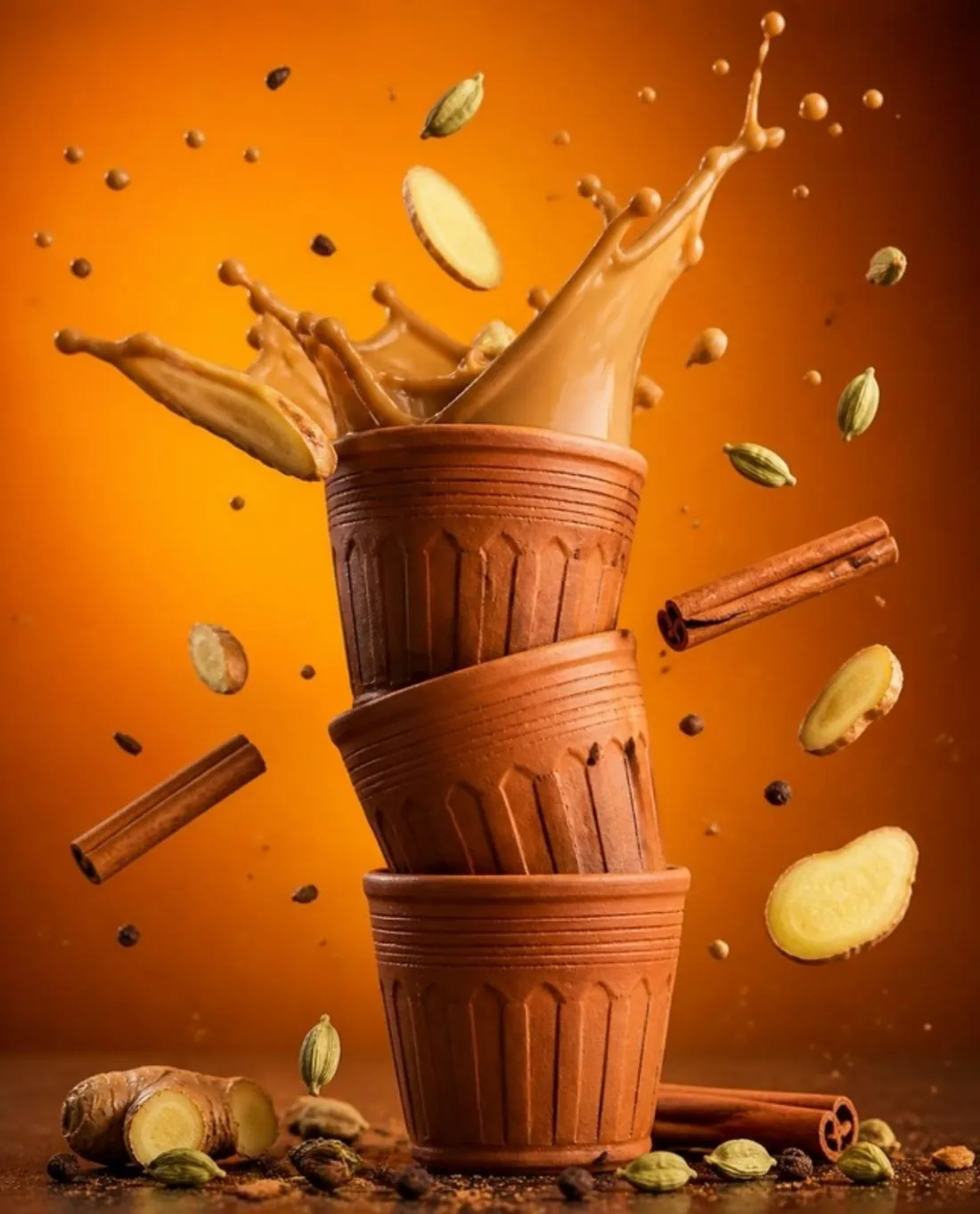 KULHAD CO. chai ad: stacked clay cups with chai splash