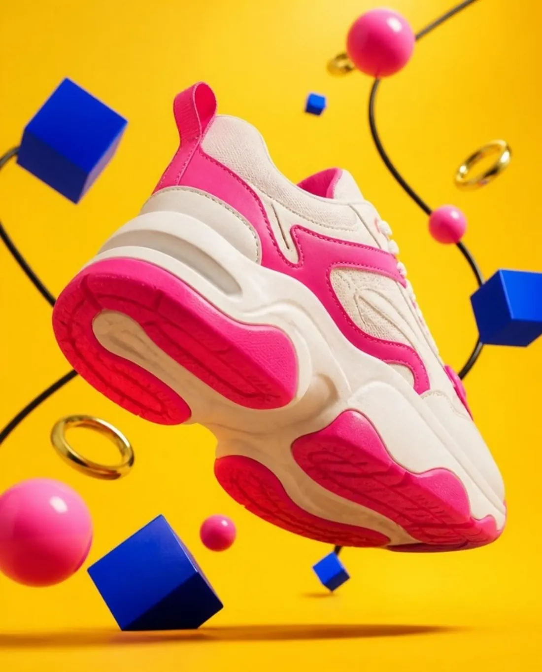 LOOP sneaker ad: pink and white sneaker on yellow